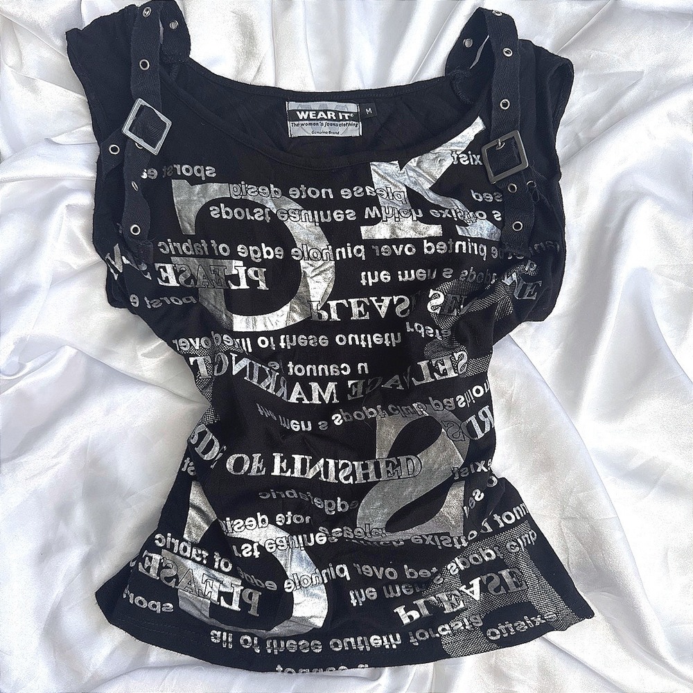 Wear It Womens Black Silver Foil Graphic Tank Top Buckle Grommet Straps Medium